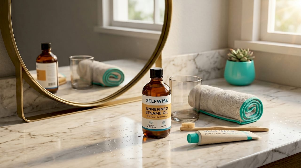 Sesame oil bottle on bathroom counter with oral care items