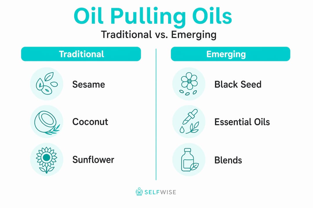 Infographic comparing traditional and emerging oil pulling types