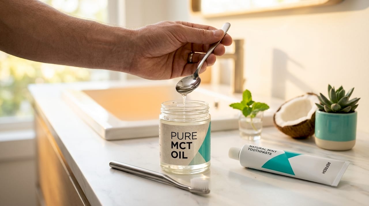 Hand with MCT oil and toothbrush at sink