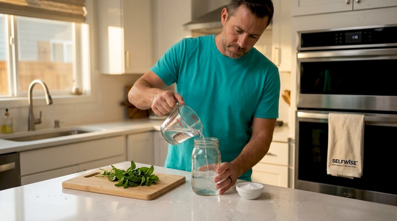Man preparing homemade dental rinse in kitchen