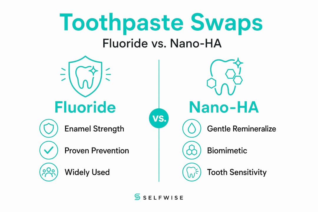 Infographic comparing fluoride and nano-hydroxyapatite toothpastes