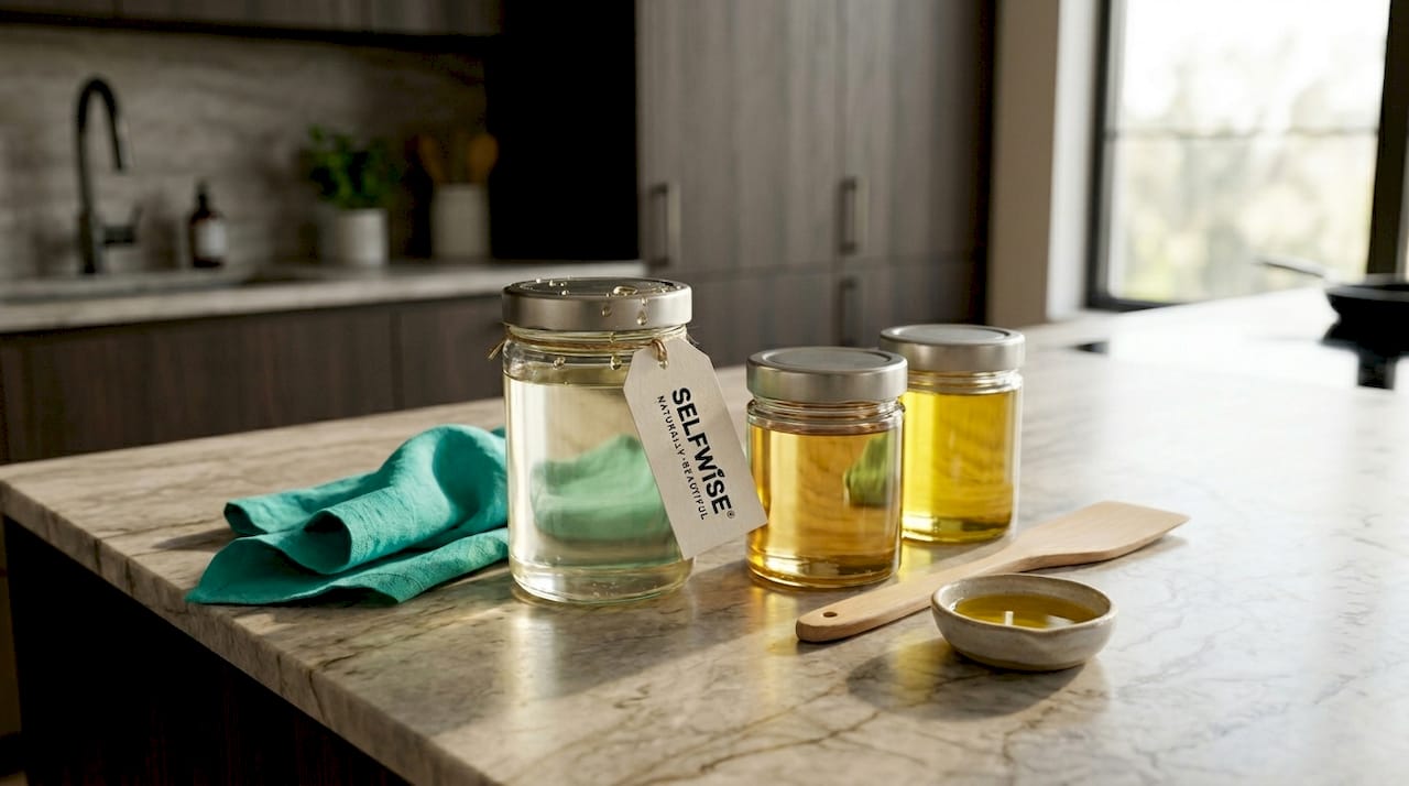 Jars of coconut, sesame, and sunflower oil