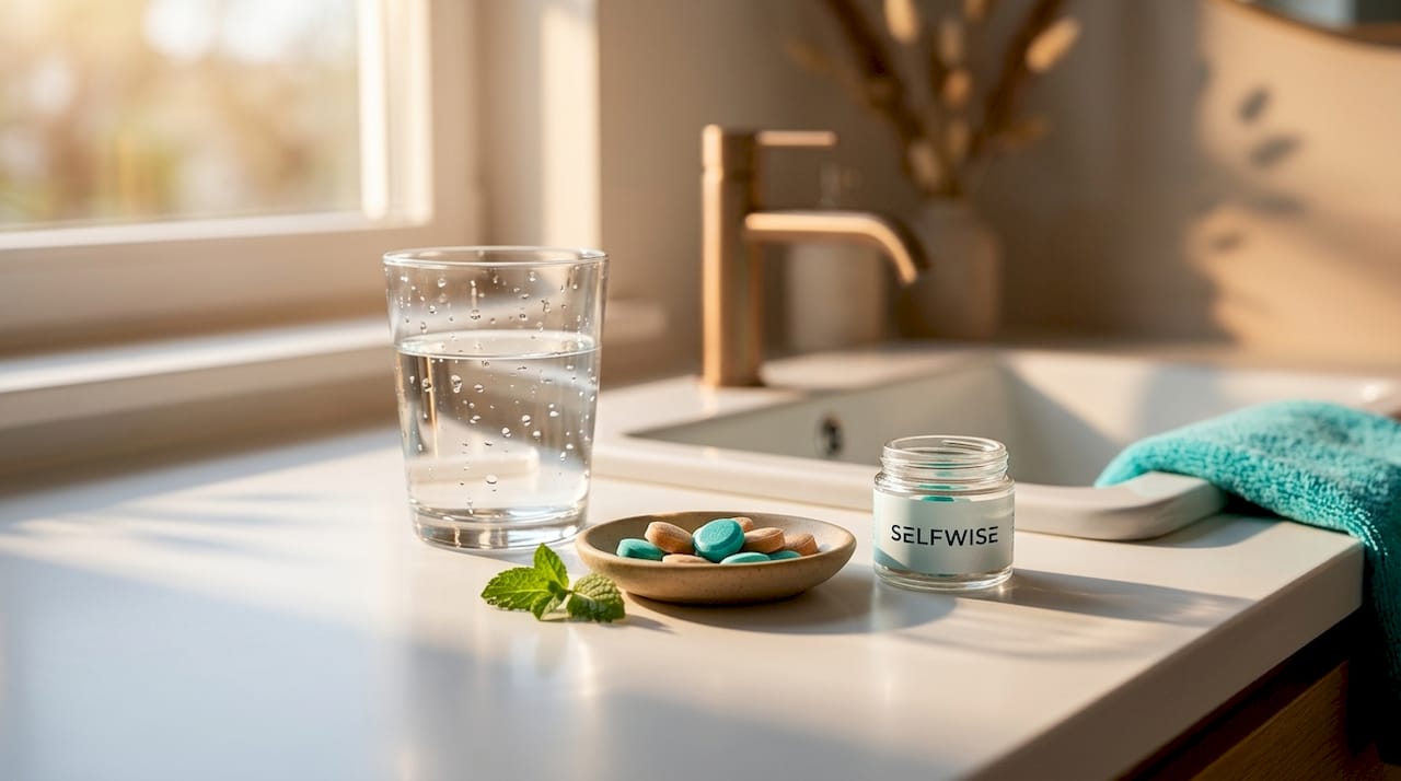 Saliva stimulant lozenges on bathroom counter