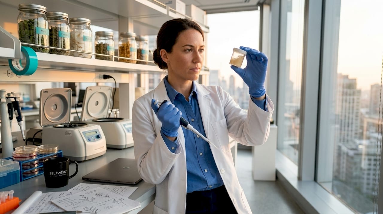 Scientist examining oral care product sample in lab