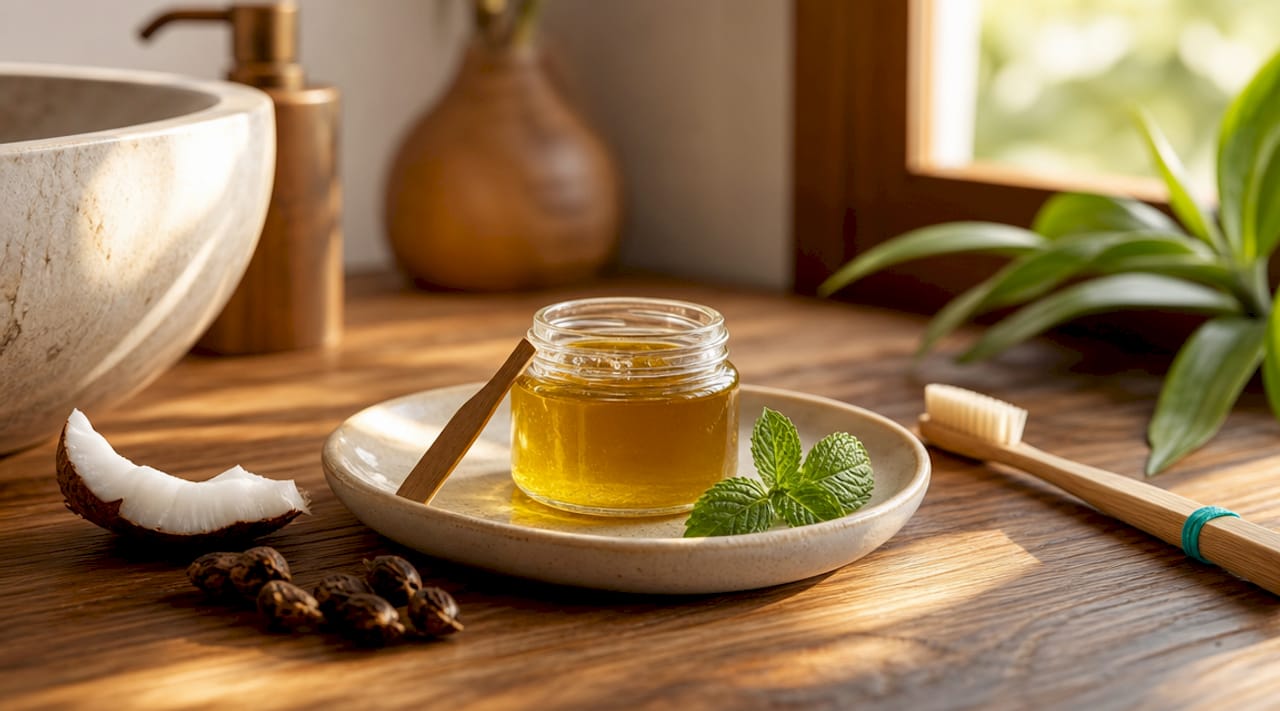 Close-up of castor oil and oral care tools