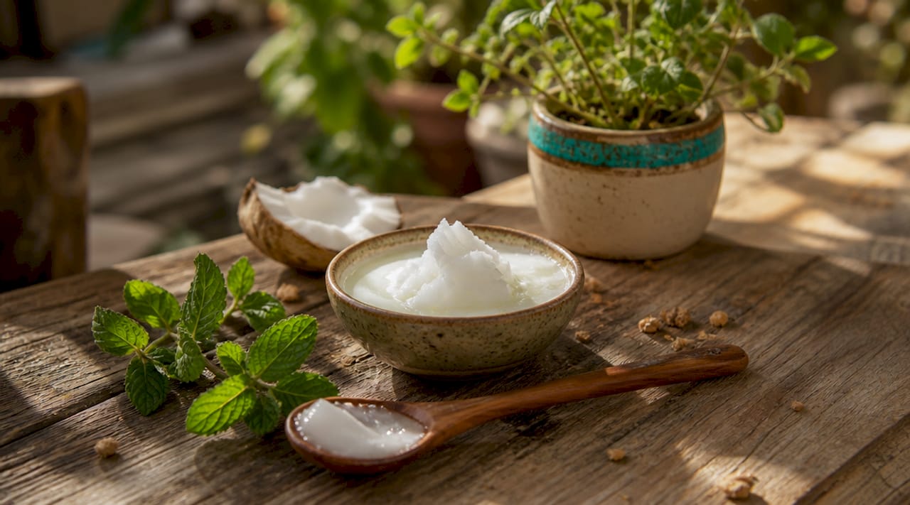 Melting coconut oil and spoon on kitchen counter