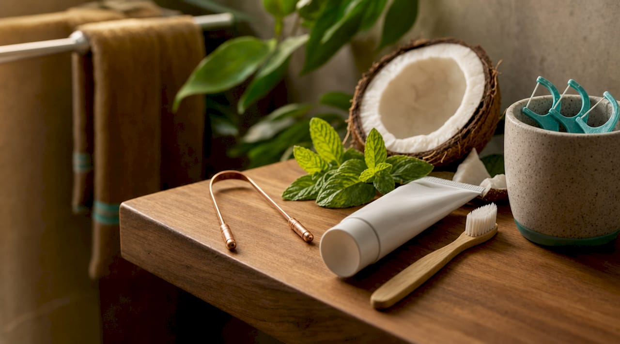 Oral hygiene tools on bathroom counter