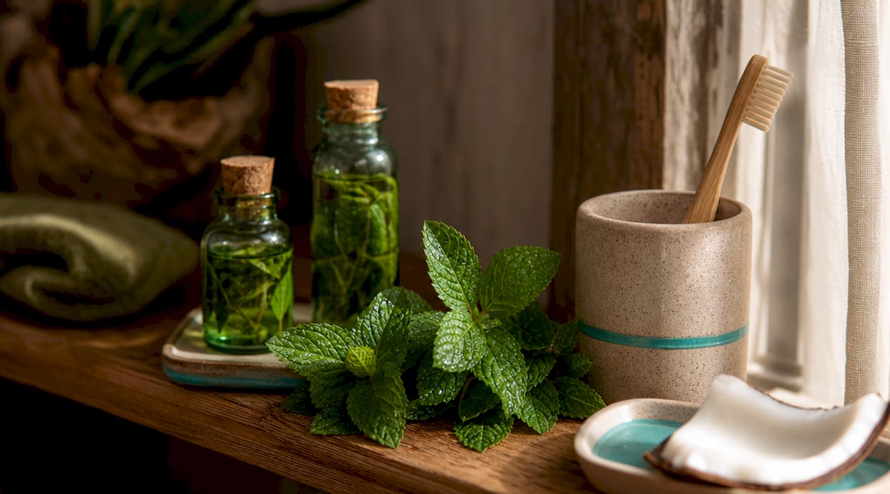 Close-up natural oral care ingredients on shelf
