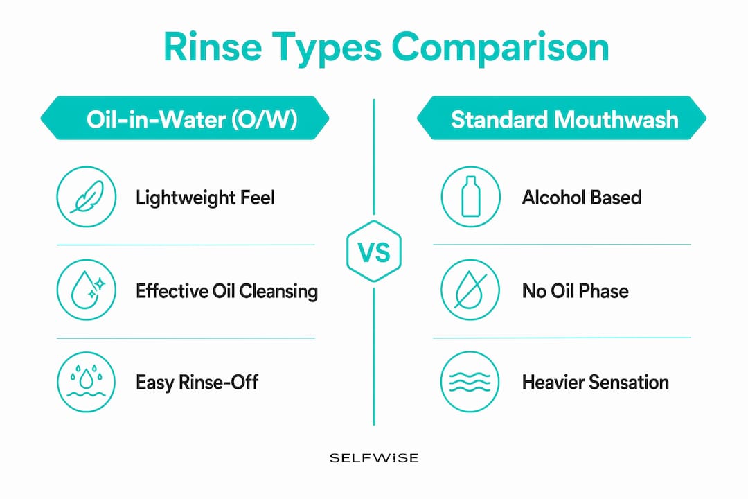 Infographic comparing oil-in-water rinses and standard mouthwash