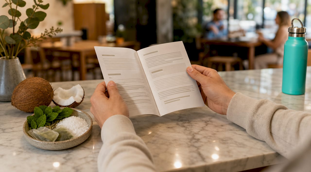 Hands reading preservative-free oral care ingredients list