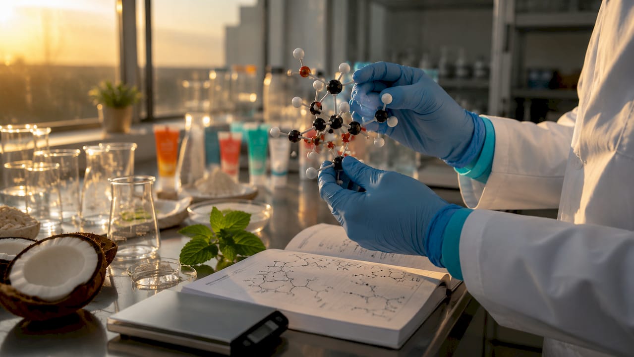 Hands holding paraben molecular model above lab bench