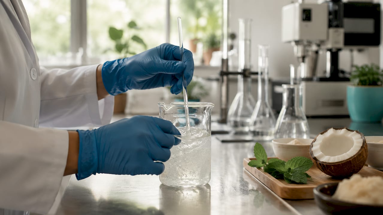 Lab technician mixing toothpaste ingredients