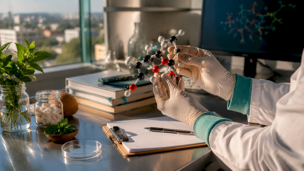 Hands holding poloxamer molecular structure model