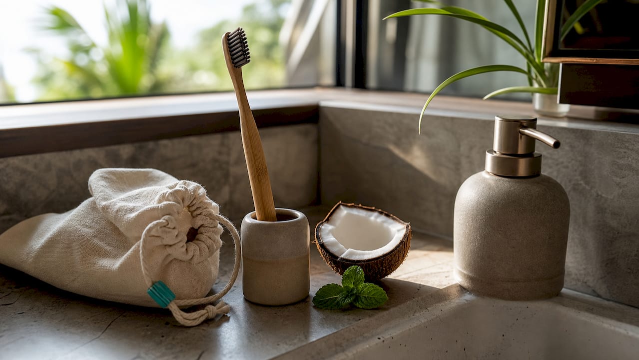 Bamboo toothbrush and silk floss on wooden bathroom counter