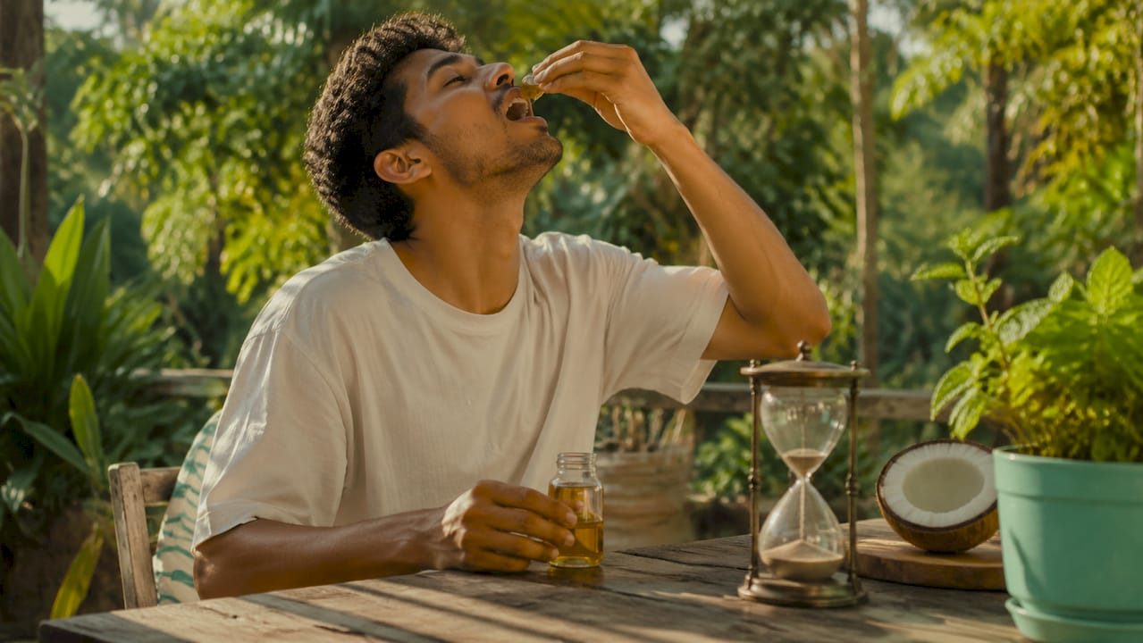 Hands swishing sesame oil in mouth technique