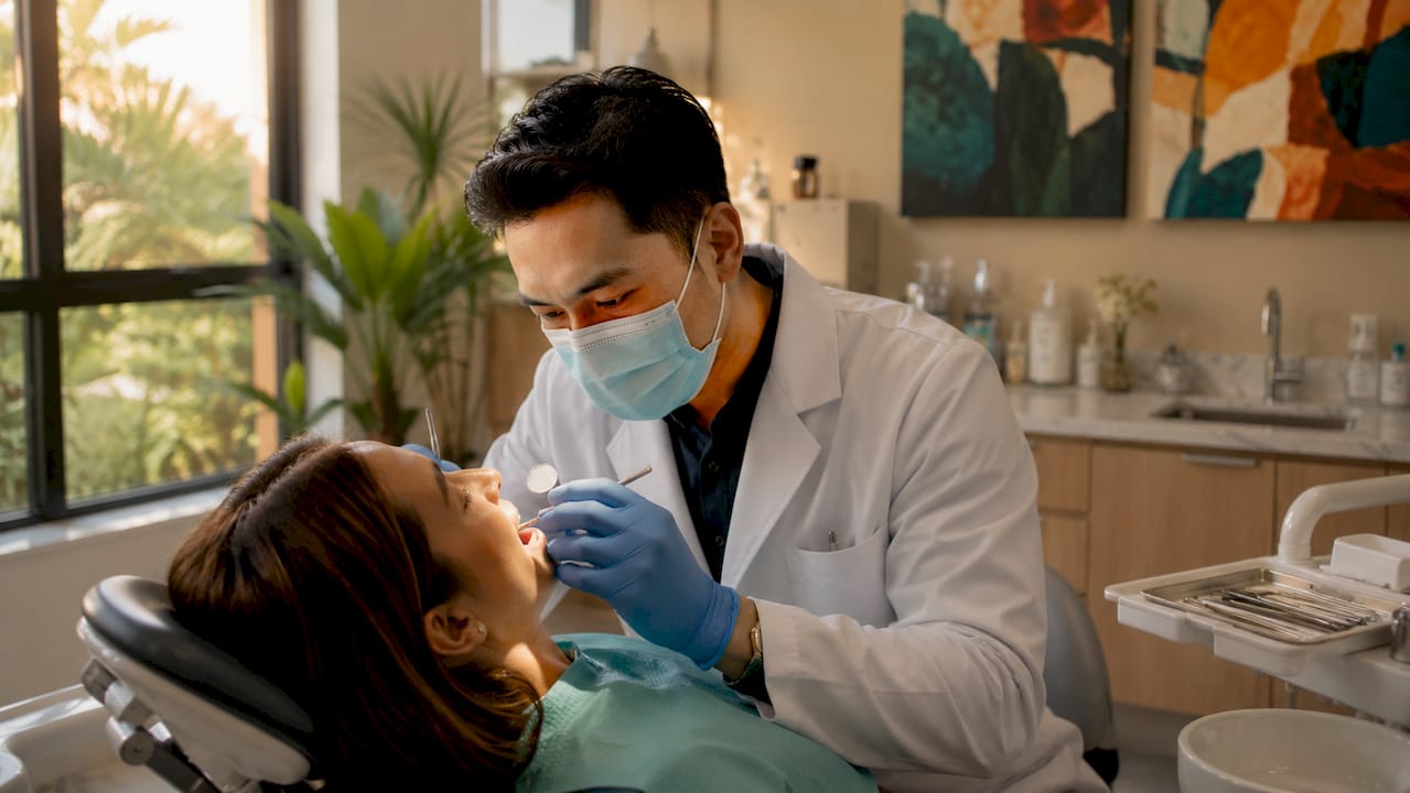 Dentist examining staining on dental fillings