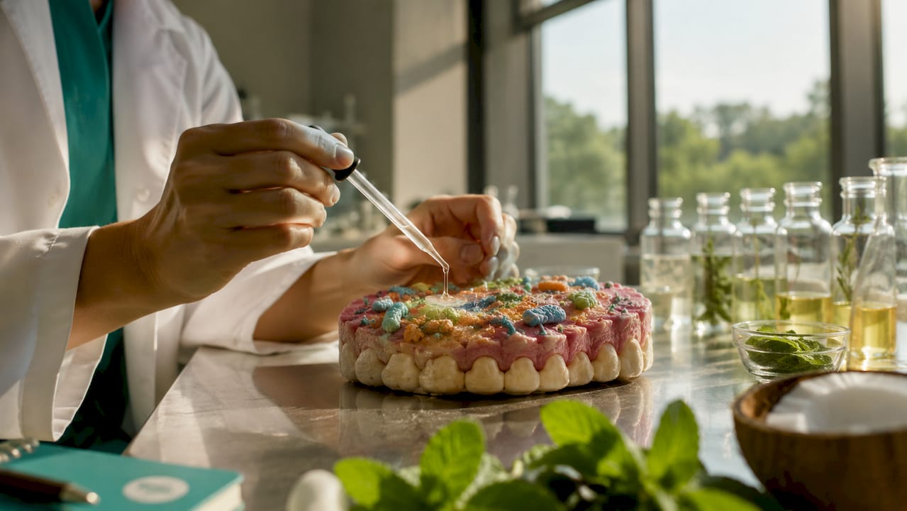 Hands applying essential oil to oral bacteria model