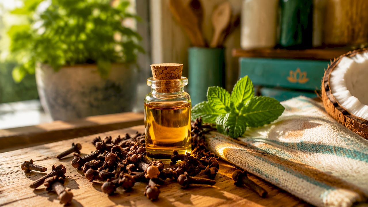 Close-up of clove oil and dried cloves on wooden spoon
