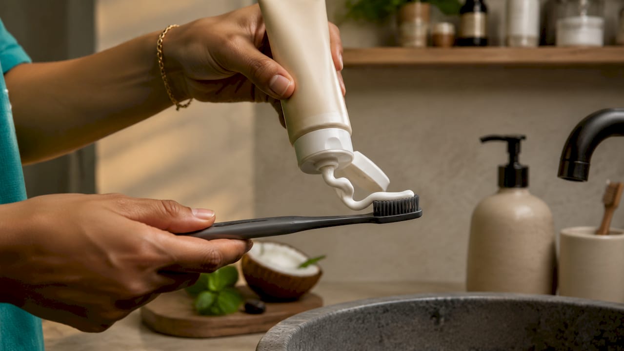 Close-up of nano hydroxyapatite natural toothpaste