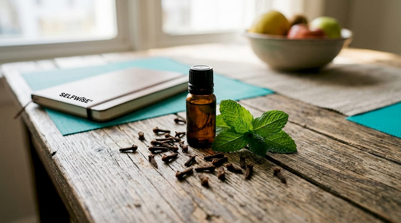 Clove oil bottle with cloves and mint leaves