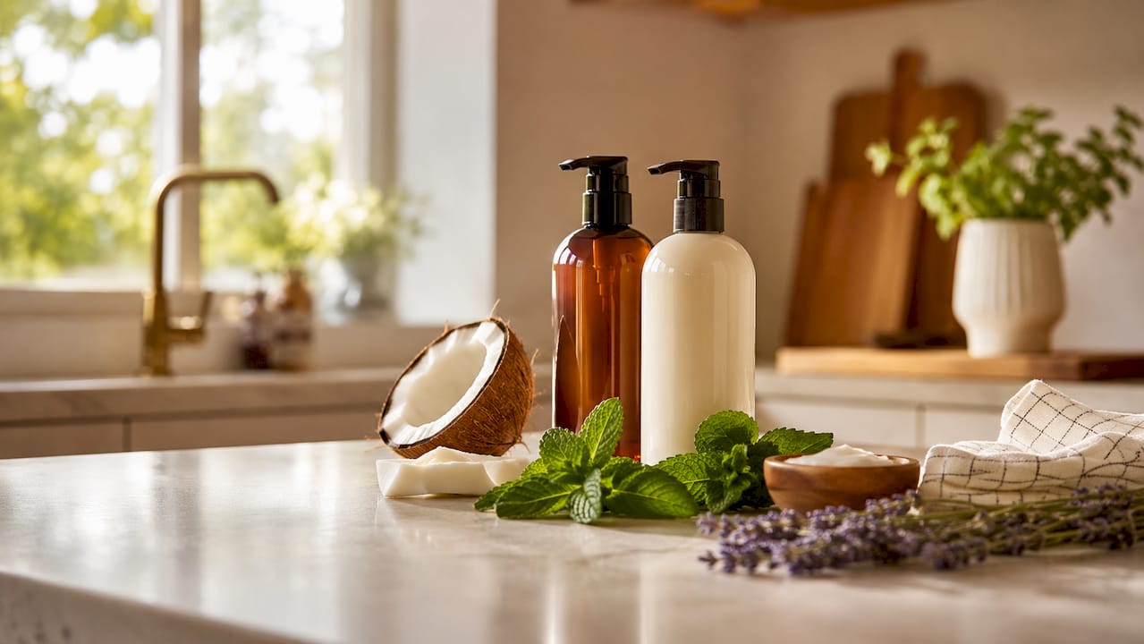 Water-based personal care bottles with botanicals on wooden shelf