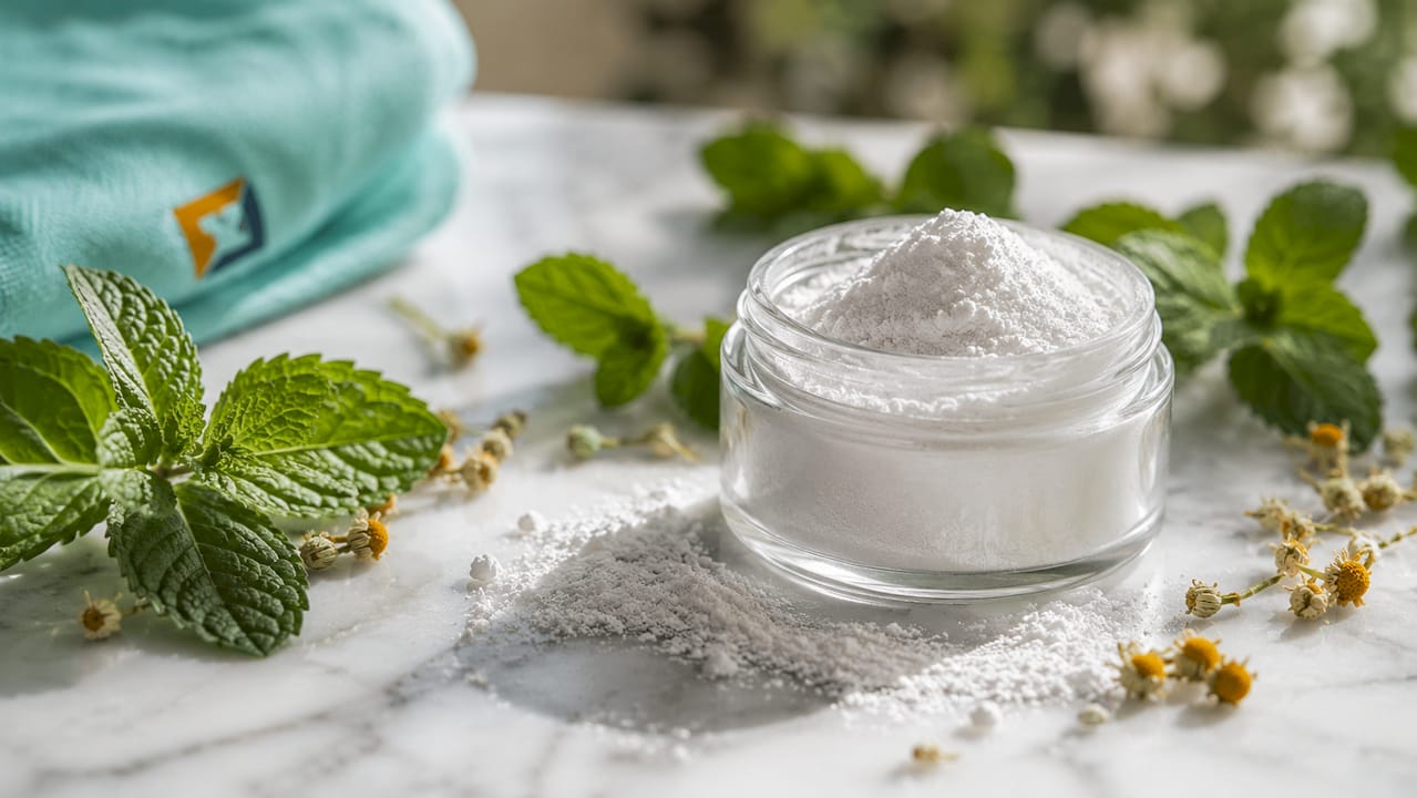 Jar of white nano hydroxyapatite powder with mint and botanicals