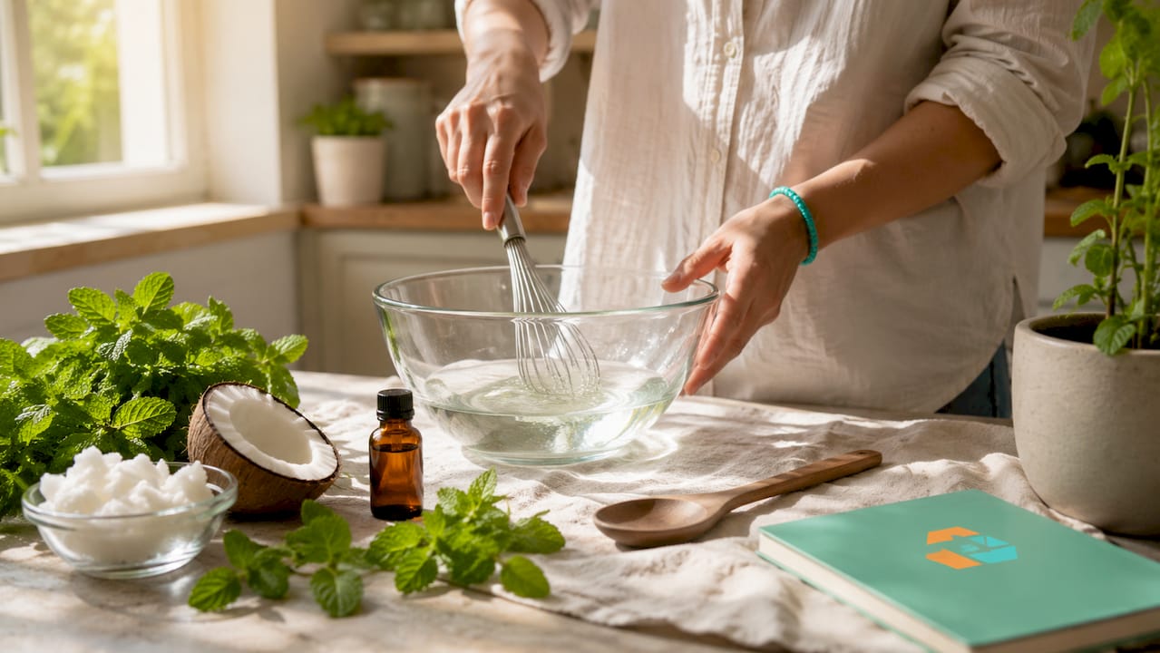 Hands mixing natural mouthwash ingredients in bowl