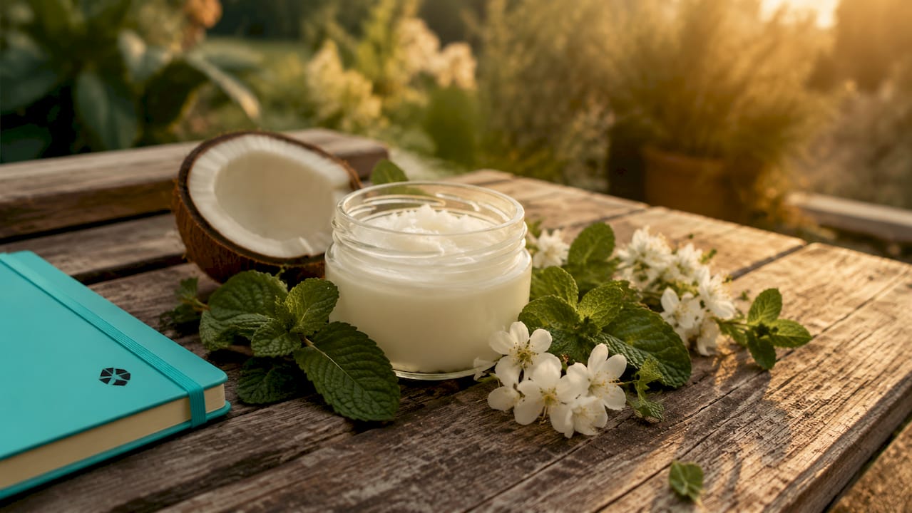 Jar of coconut oil with mint leaves close-up