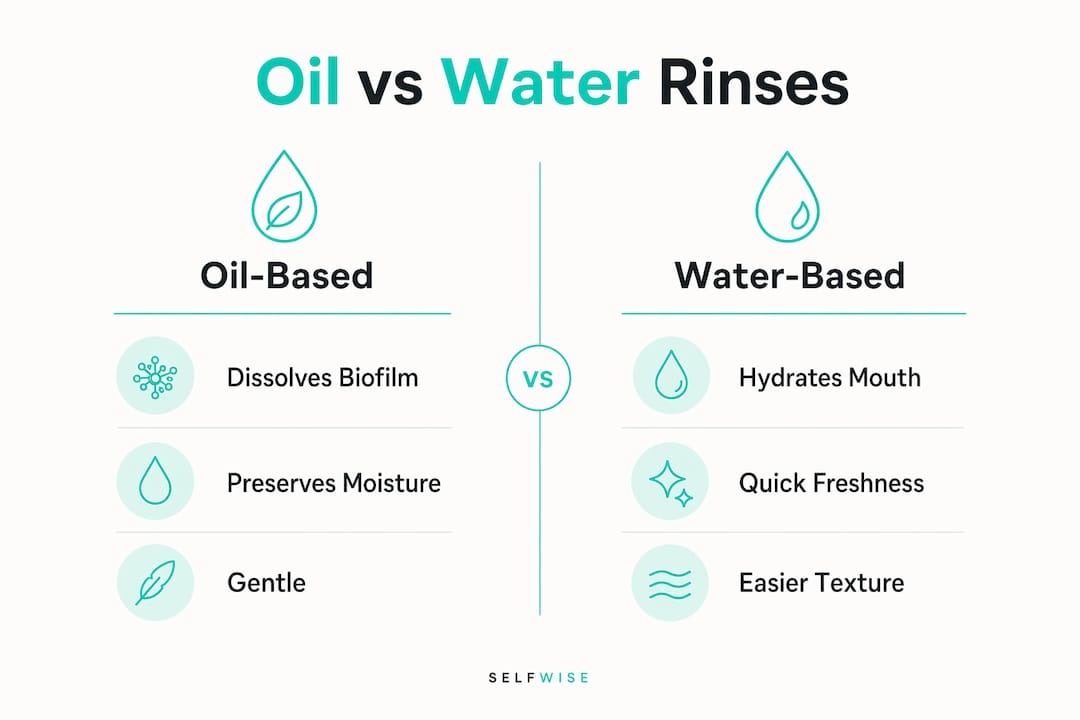 Infographic comparing oil-based and water-based oral rinses