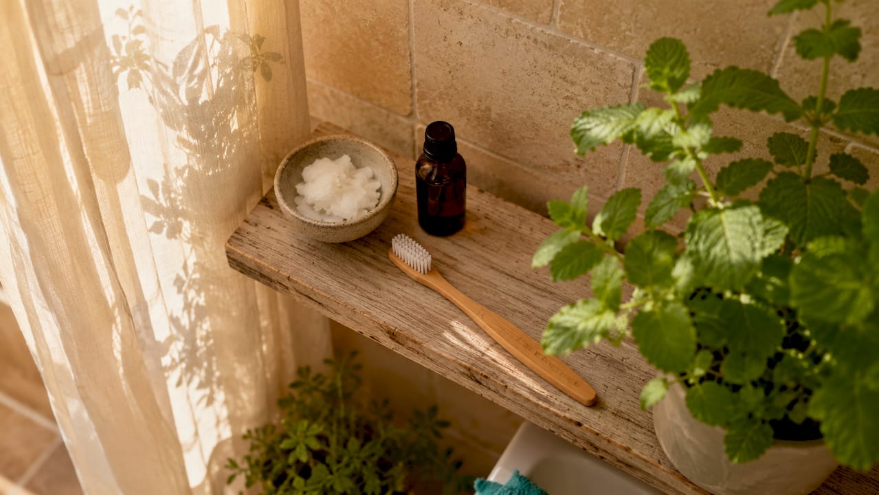 Natural oral care products with peppermint plant on bathroom shelf