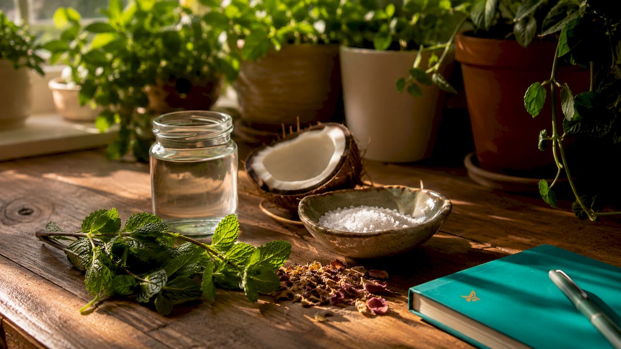 Close-up of natural therapeutic mouthwash ingredients on table