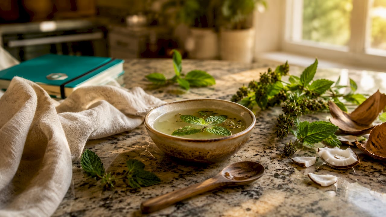 Hands mixing natural oral rinse ingredients