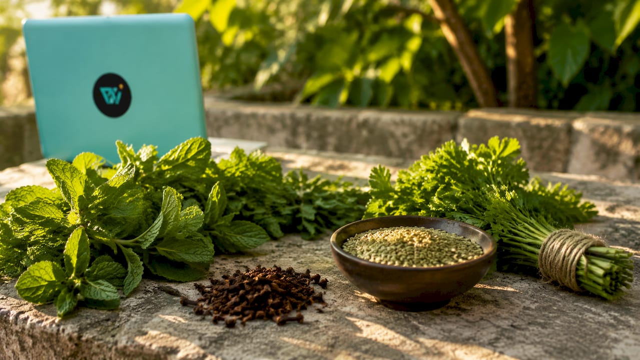 Fresh green tea, cloves, and fennel seeds on kitchen counter