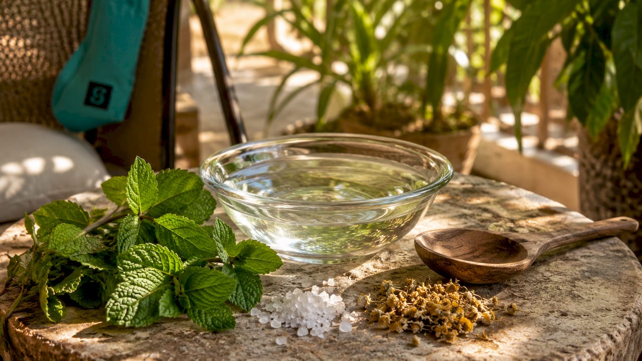 Close-up of saltwater solution with natural botanicals beside it