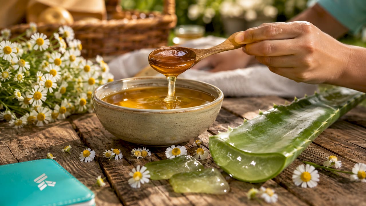 Natural aloe vera and chamomile with glycerin on kitchen counter
