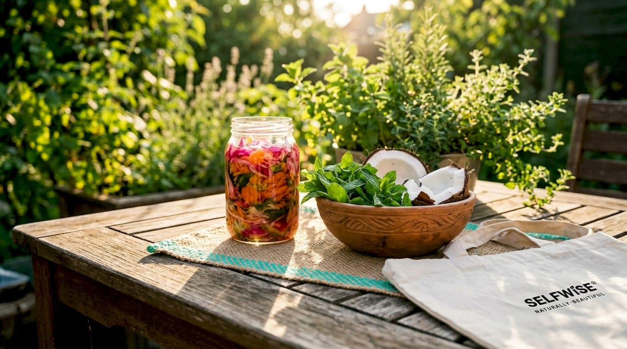 Probiotic food and fresh herbs supporting gut health