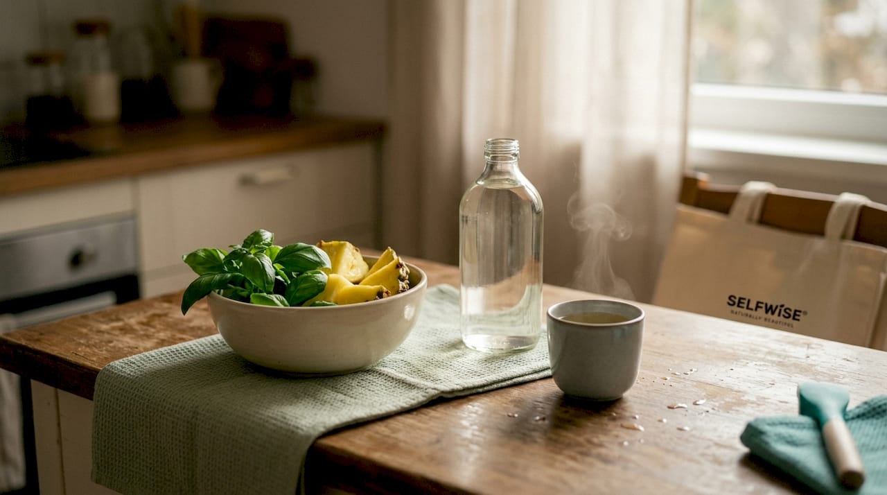 Bathroom counter with natural rinse and fresh ingredients