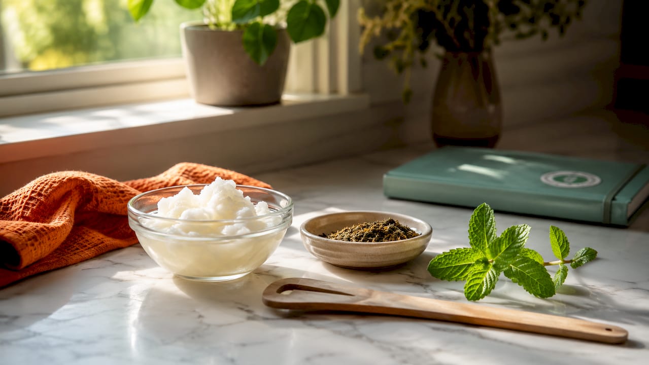 Oil pulling setup with coconut oil and herbs