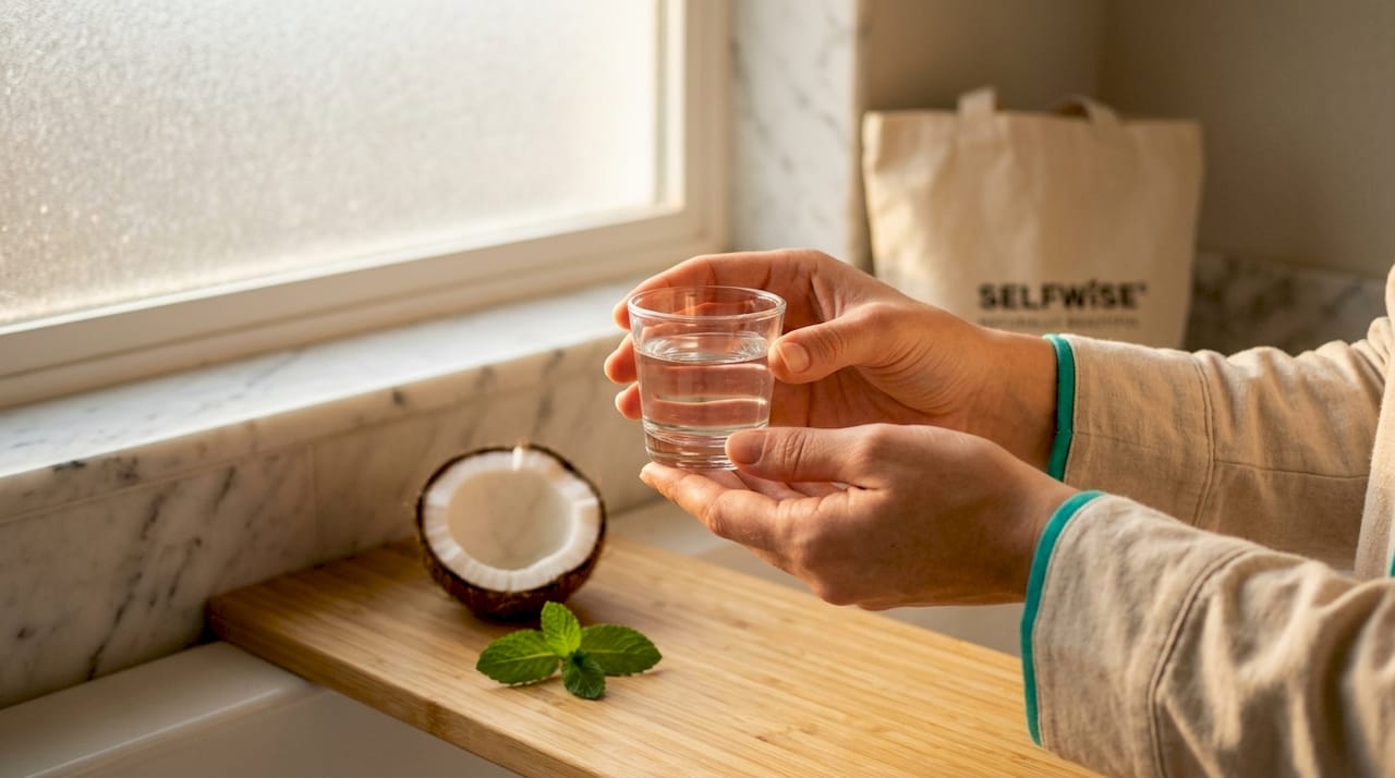 Hands holding glass of antiseptic oral rinse with natural ingredients