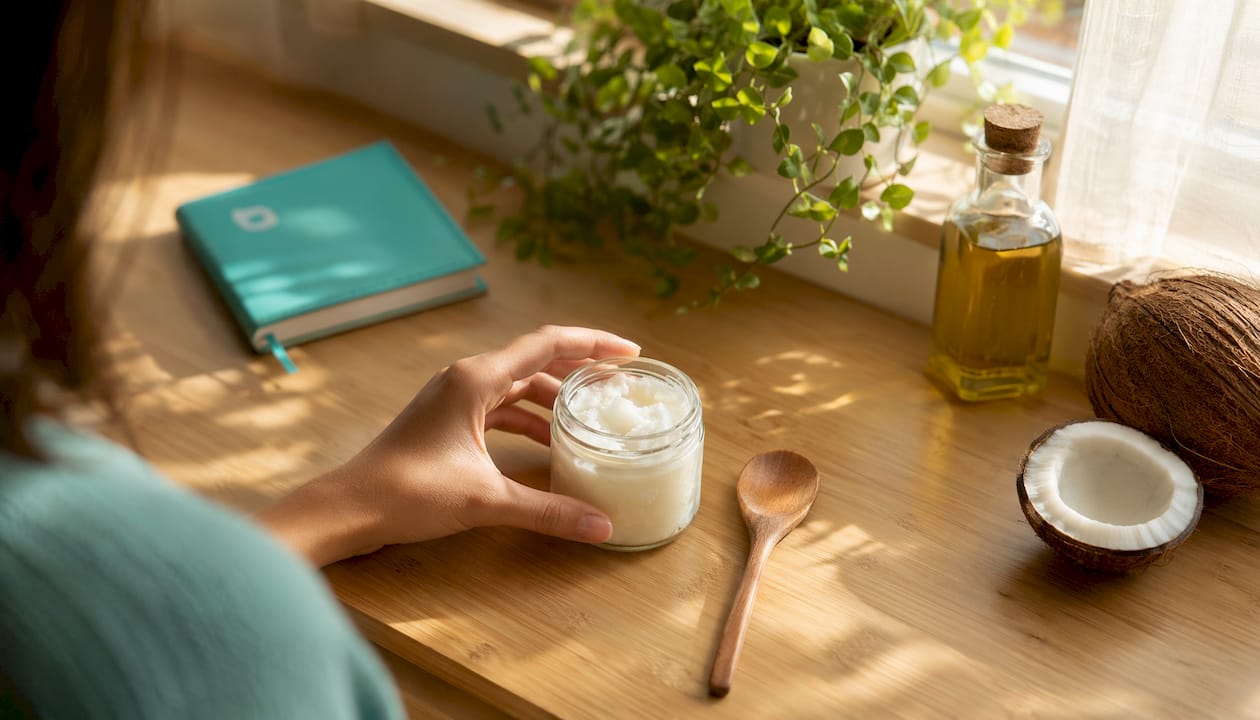 Spoon scooping coconut oil with mint and sesame oil nearby