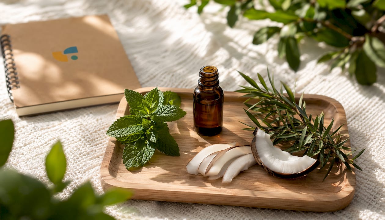 Close-up of botanical oral antiseptic ingredients with essential oil