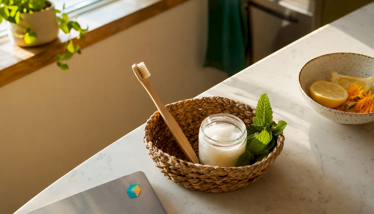 Natural oral hygiene tools and ingredients close-up