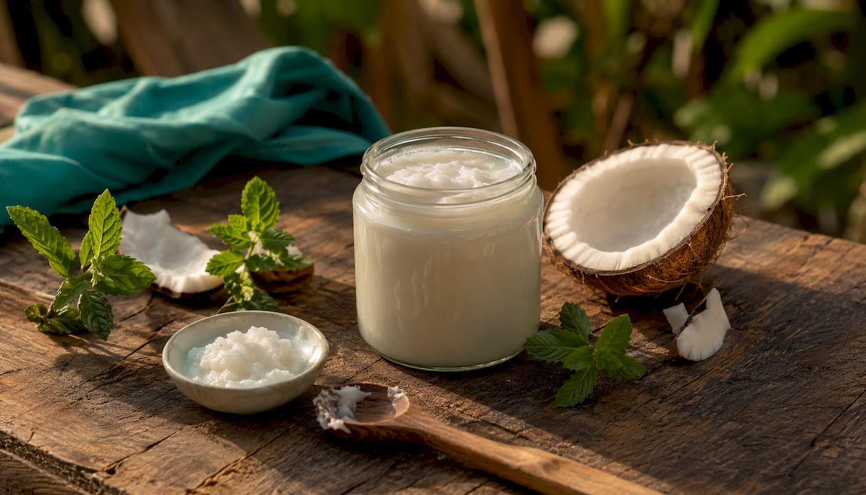 Open coconut oil jar with mint leaves nearby