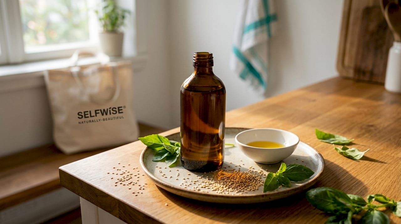 Amber sesame oil bottle with seeds and leaves