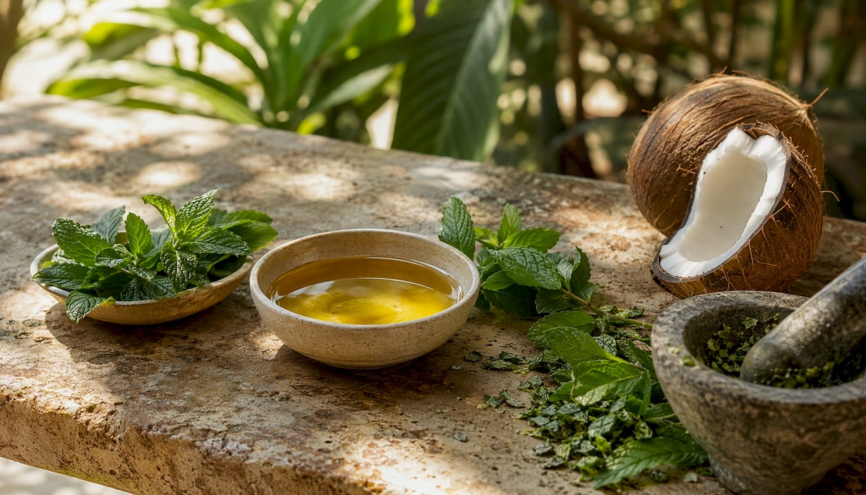 Close-up bowl of oil with mint and coconut accents