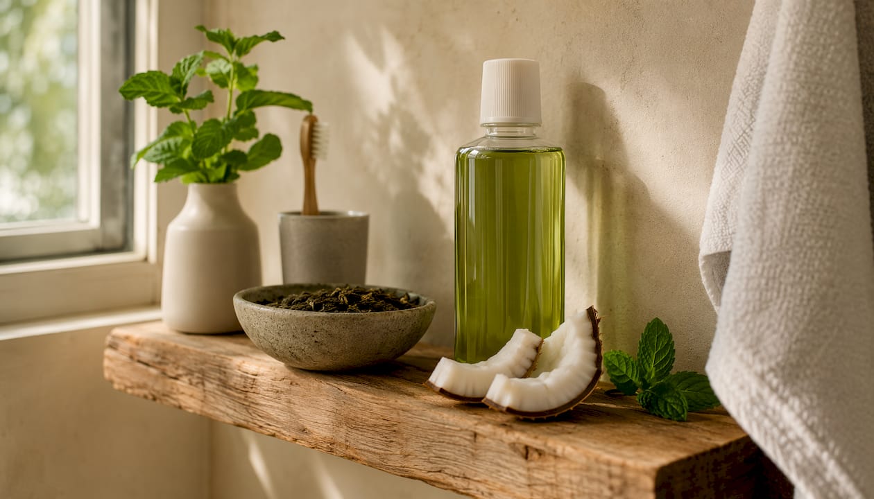 Natural oral rinse setup with green tea and coconut