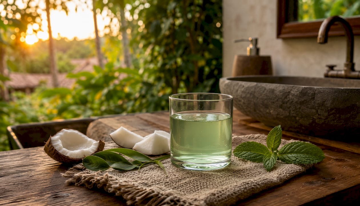 Glass cup with green tea rinse and fresh mint