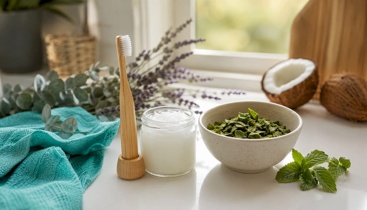 Natural oral hygiene setup on bathroom counter