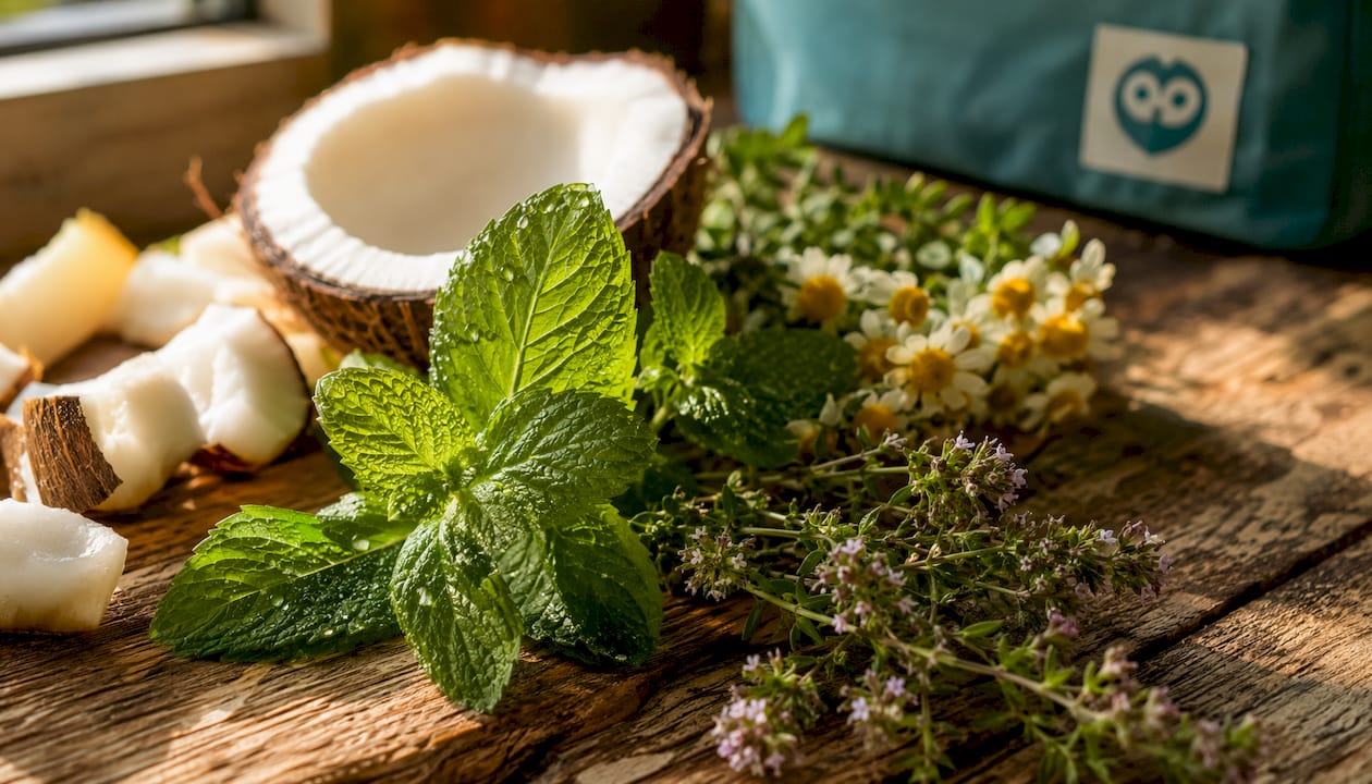 Close-up of fresh botanicals for oral antimicrobial care