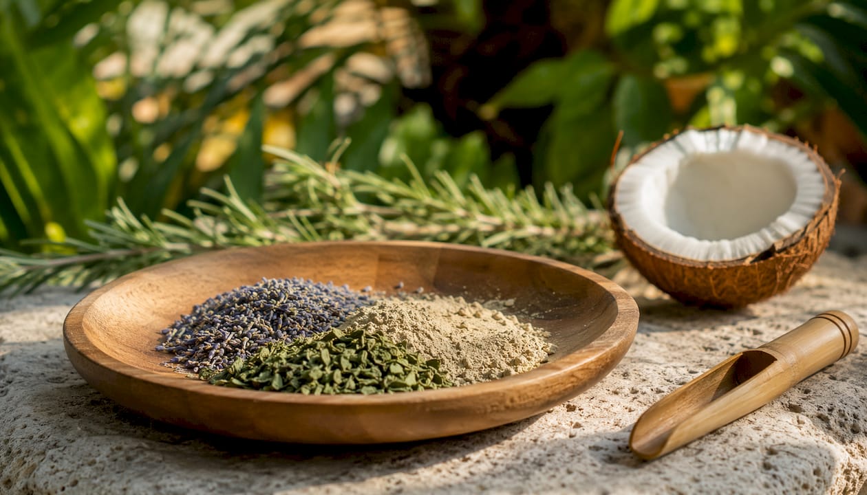 Close-up of botanical toothpaste additive ingredients